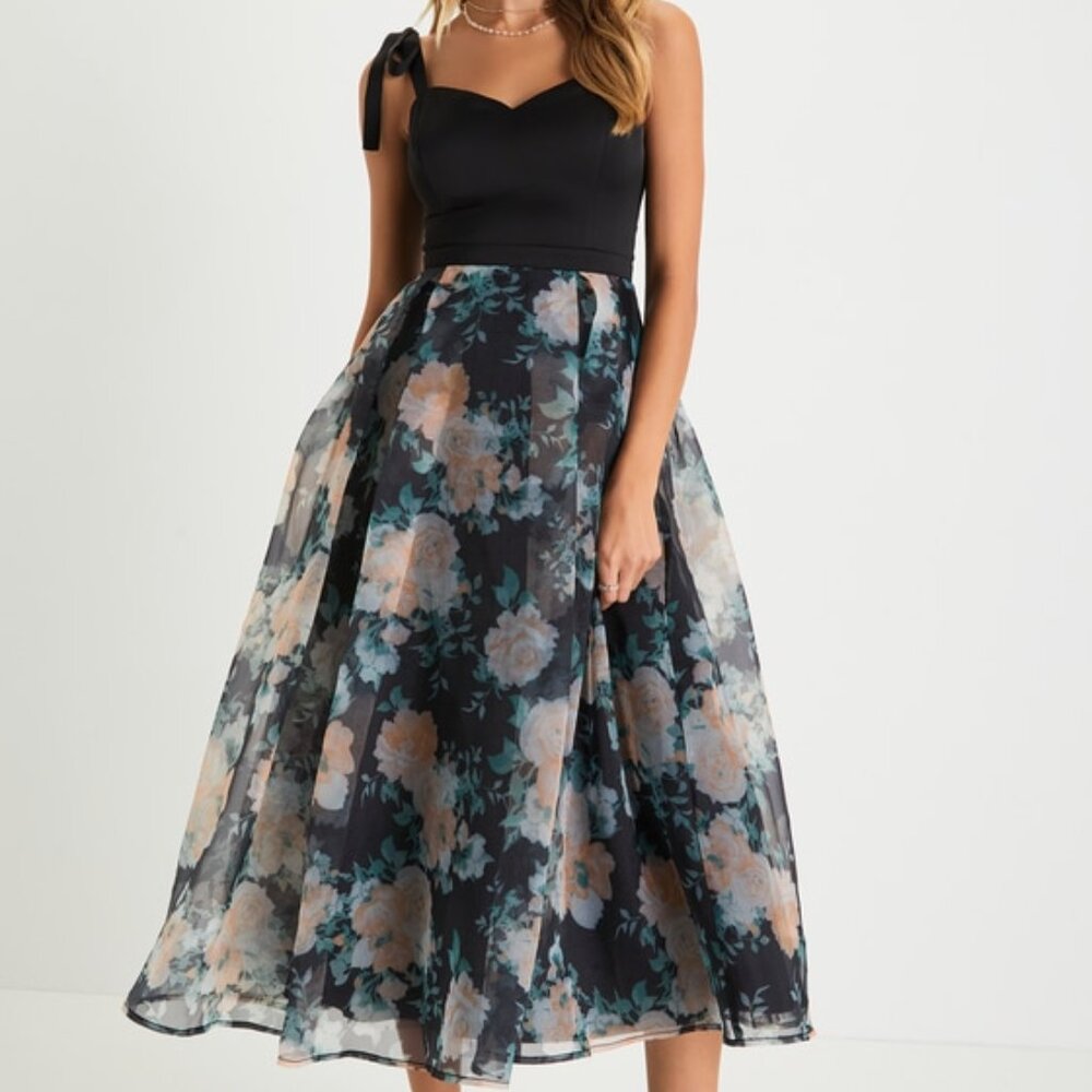 Lulus Debut Darling Black Floral Satin Organza Tie-strap Midi Dress - Size M